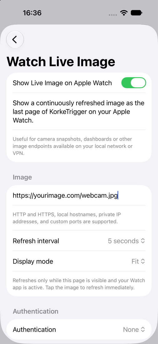 Watch live image settings on iPhone, including refresh interval, display mode and authentication