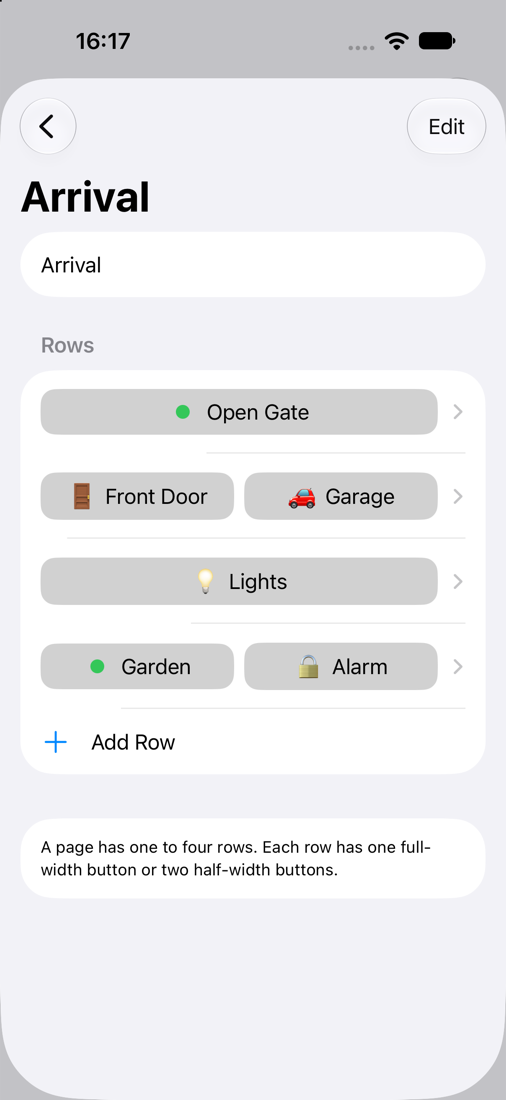 Arrival page editor with one full-width or two half-width action buttons per row