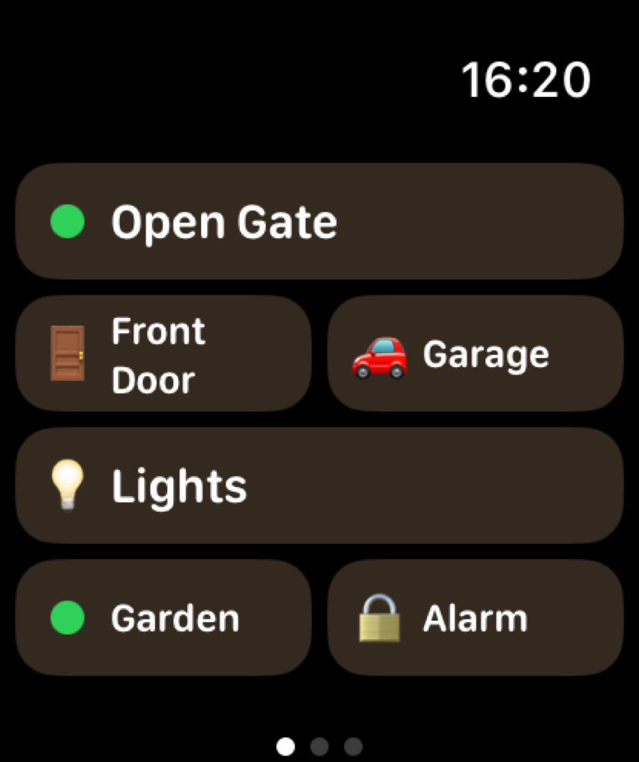 Watch app screenshot showing Open Gate, Front Door, Garage, Lights, Garden and Alarm buttons